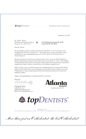 Atlanta orthodontic recognition letter for iCare Orthodontics and Dentistry