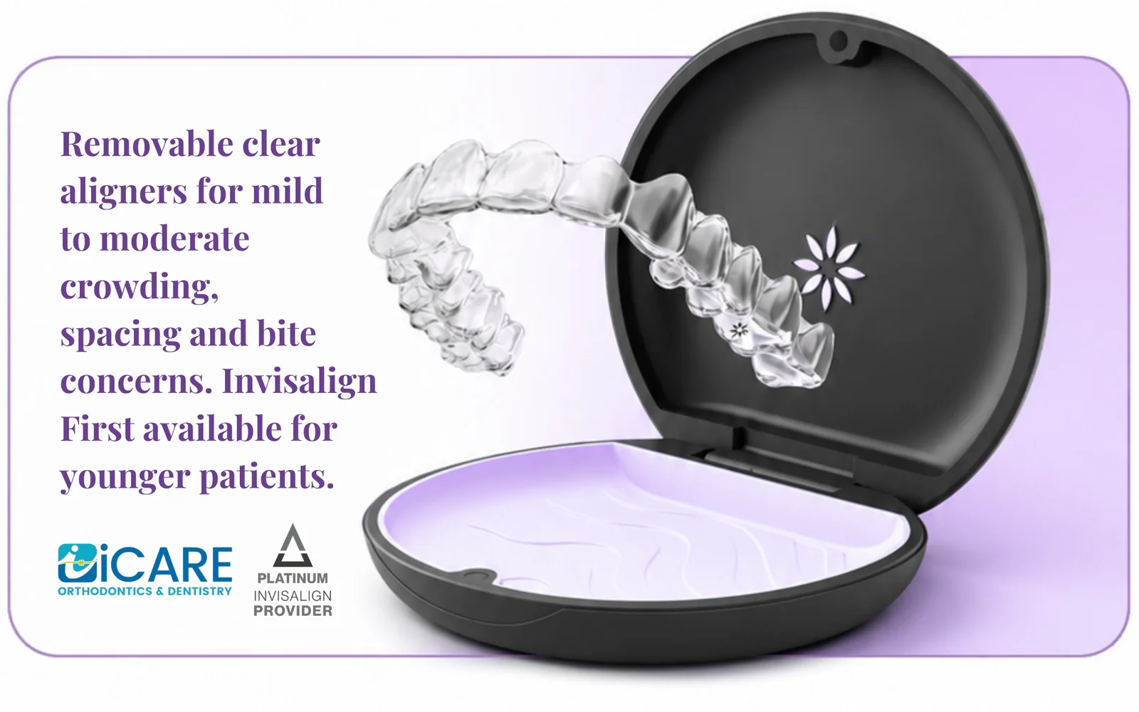 Khay Invisalign trong hộp. Khay trong suốt tháo ra được cho răng chen chúc, thưa răng và vấn đề khớp cắn từ nhẹ đến vừa, với Invisalign First cho trẻ nhỏ.