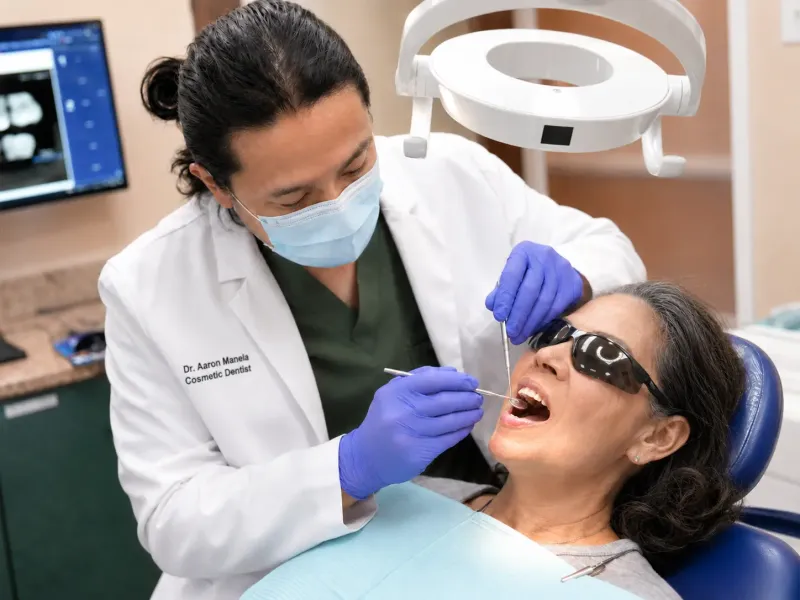 Dr. Aaron Manela carefully examining the mouth of an elderly patient, demonstrating the precision and attentive care he brings to cosmetic dentistry services including veneers and smile makeovers at iCare in Norcross, GA