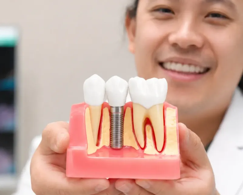 Dr. Aaron Manela holding up a dental implant model and explaining the implant process to a patient visible in the blurred background, illustrating the hands-on patient education approach to restorative and implant dentistry at iCare in Norcross, GA